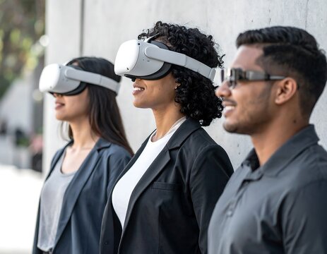 Side view of a multicultural business team engaged in an immersive virtual reality training session outdoors