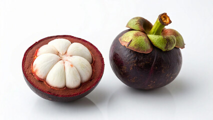 Mangosteen with mangosteen slice isolated in white background