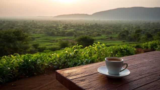 Warm cup of coffee on rustic wooden table overlooking misty green valley at sunrise