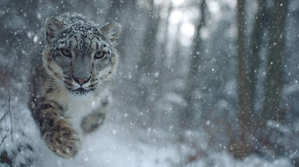 Fototapeta premium Snow Leopard Jumping in Winter Forest
