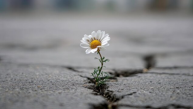 Single delicate white flower bravely growing through a crack in a concrete pavement