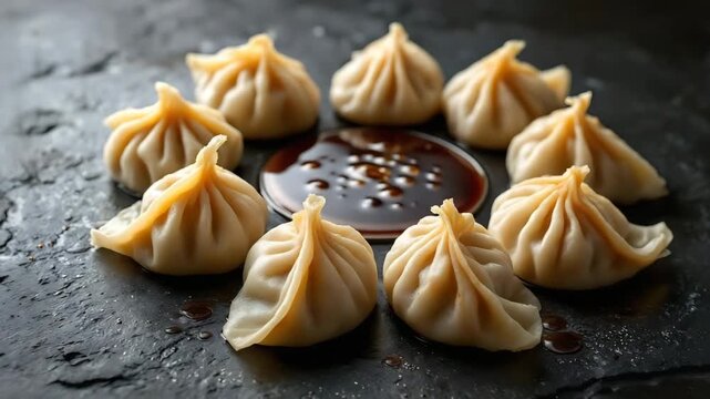 Appetizing dumpling arrangement with soy sauce and sesame seeds on rustic slate surface.
