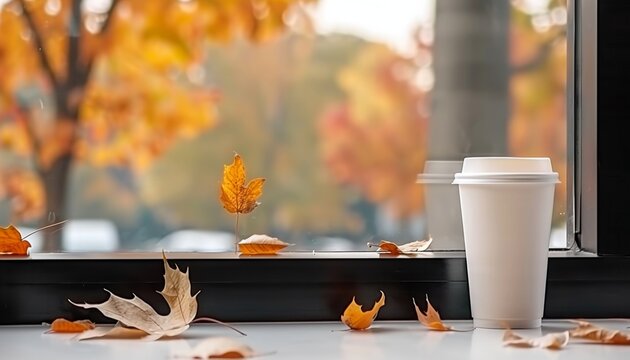 Charming coffee shop featuring autumn window display and cozy urban atmosphere with warm lighting - Powered by Adobe