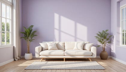 Cozy living room with white sofa and cushions is set against light purple wall, flanked by two potted plants. Sunlight streams through large windows, creating serene atmosphere