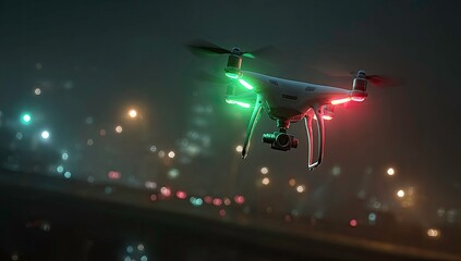 Modern drone with glowing red and green lights flying through foggy night city lights