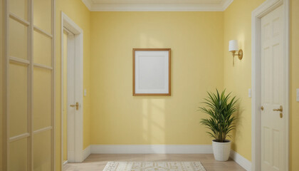 Bright, welcoming hallway with yellow walls features framed picture, potted plant, and decorative rug. space is illuminated by natural light and wall sconce, creating cozy atmosphere
