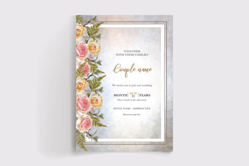 WEDDING INVITATION FRAME WITH FLOWER DECORATIONS AND FRESH LEAVES