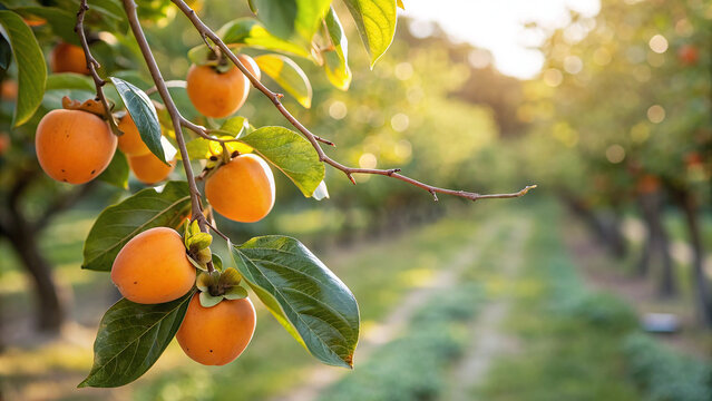 Ripe persimmons hang on a tree branch in an orchard, illuminated by the warm light of the setting sun, creating a picturesque autumn scene