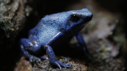 Naklejka premium Blue frog on tropical leaf with soft natural light