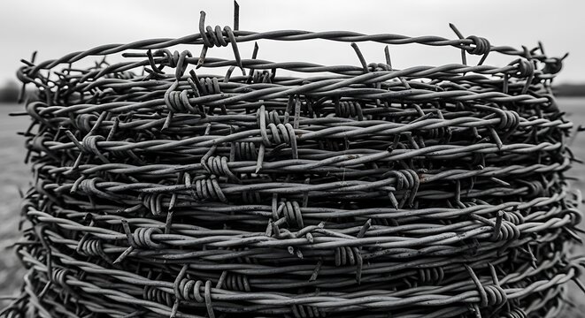 Barbed Wire Roll with Field Background.