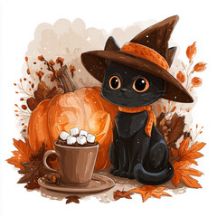 Black cat in a witch hat next to a pumpkin and a hot drink with marshmallows in a cozy autumn setting