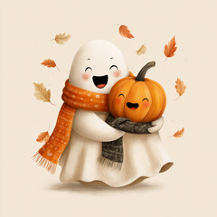 Happy ghost celebrating autumn with a pumpkin amidst falling leaves
