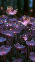Colorful butterflies fluttering over glowing flowers in a mystical forest scene