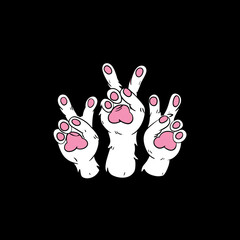 Three playful cat paws making peace signs on a black background in a fun and artistic style