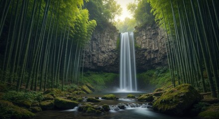 Lush waterfall cascading down rocky cliff in a dense bamboo forest