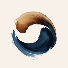 Creative abstract artwork featuring flowing brown and blue brush strokes on a light background