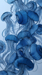 Underwater scene features intricate blue jellyfish gracefully floating in a calming ocean setting