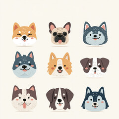 Cute dog face illustrations featuring different breeds arranged in a grid design on a light background