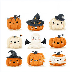 Creative cartoon pumpkins and ghost characters for Halloween celebration art design