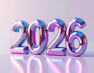 Futuristic chrome 2026 typography in iridescent gradient colors, minimal modern new year concept