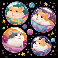Cute hamsters in colorful space bubbles surrounded by stars and planets in a whimsical design
