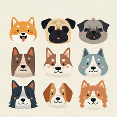 Colorful illustrations of dog faces featuring different breeds arranged in a creative layout