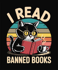 Obraz premium Vintage Black Cat Reading Banned Books Retro Coffee T-Shirt Design