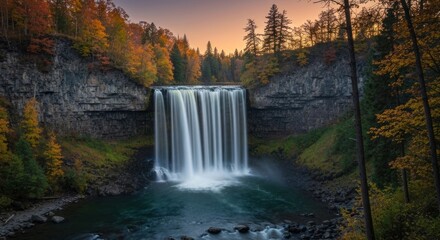 Majestic waterfall cascading down rocky cliffs amidst vibrant autumn foliage