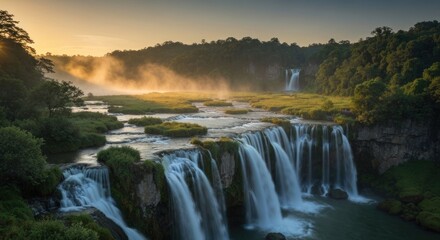 Majestic waterfalls cascading down rocky cliffs, bathed in golden sunrise light, lush green vegetation surrounds the water's edge