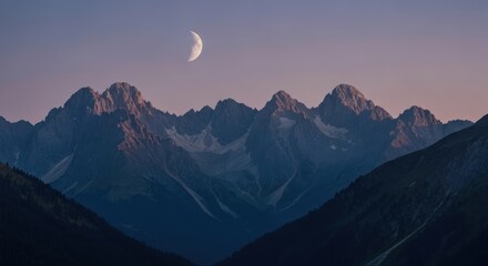 Majestic mountain range at twilight, crescent moon in the sky