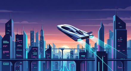 Futuristic Cityscape Flying Vehicle Sunset.