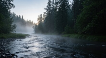 Misty river flowing through a lush forest at dawn