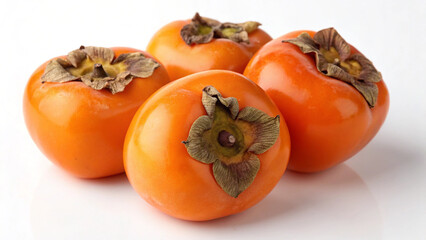 Four ripe persimmons isolated on white background, showcasing their vibrant orange color and smooth skin, a delicious and healthy autumn fruit