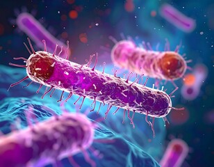 Colorful, microscopic illustration of rod-shaped microorganisms, close up