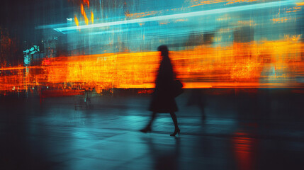 Hyperrealistic image of a blurred figure moving past a glowing light beam, symbolizing motion, speed, mystery, energy, and the ephemeral nature of human presence in dynamic environments.