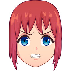 Pixel Art Anime Girl With Red Hair And Blue Eyes Expressing Frustration With Gritted Teeth Against A Transparent Background