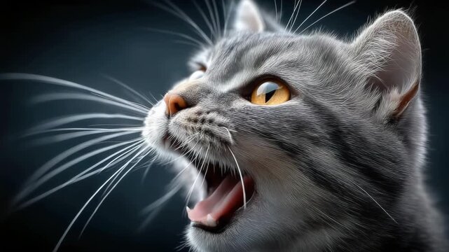 Close up of an angry and aggressive gray tabby cat hissing with its mouth open, showing sharp fangs and a tense expression against a dark background, perfect for Halloween themes