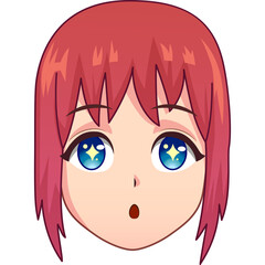 Pixel Art Anime Girl Face Expressing Surprise With Sparkly Blue Eyes And Pink Hair On Transparent Background Detailed Close Up.