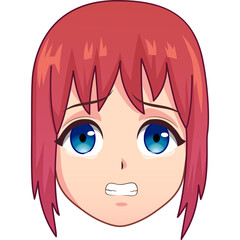 Pixel Art Anime Girl Face With Blue Eyes Red Hair Expressing Worry And Anxiety Close Up Transparent Background Detailed Illustration
