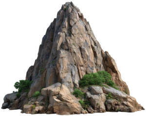 Majestic and rugged rocky mountain peak with steep jagged cliff, isolated object on transparent background. This high landform model with green bush on its side evokes powerful feeling