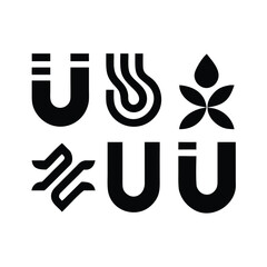 Obraz premium Solid Black Abstract Vector Logo Set Based on the Letter U and Organic Shapes