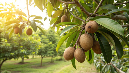 Sapodilla fruit on tree in garden with sunlight manilkara zapota is a longlived, evergreen tree native to southern mexico, central america and the caribbean