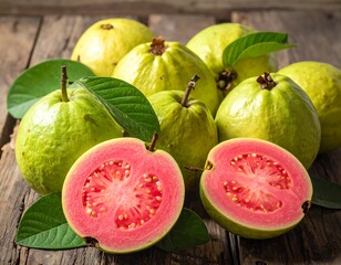 Close-up of guava fruits; some whole, others sliced in half