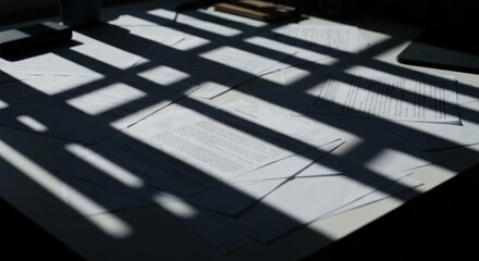 Papers and shadows on a table,  illuminated by light through a grid