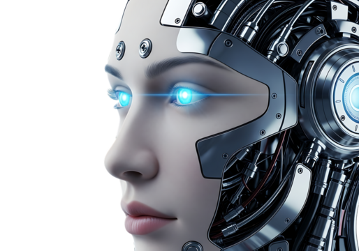 Close up profile of a futuristic female cyborg with glowing blue eyes and intricate mechanical details isolated on transparent background