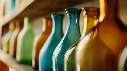 Shelf display of old glass bottles with different colors. Collection of glass bottles that have been kept over time and preserved on an organized display for decoration.