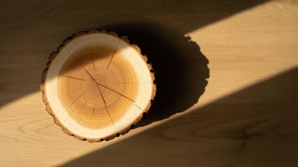 Wooden cross section of tree trunk with annual rings on wooden background
