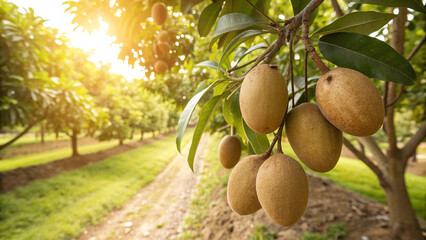 A sapodilla fruit tree plantation with ripe fruits hanging from the branches, illuminated by the sun in the orchard, ready for harvest © Sabbir Digital