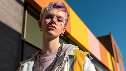 Vibrant realistic non-binary individual with stylish hair expressing confidence – inclusive beauty portrait celebrating gender diversity and creativity