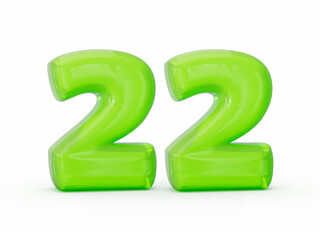 Vibrant green jelly number 22 on white background. Perfect for celebrations. 3d illustration